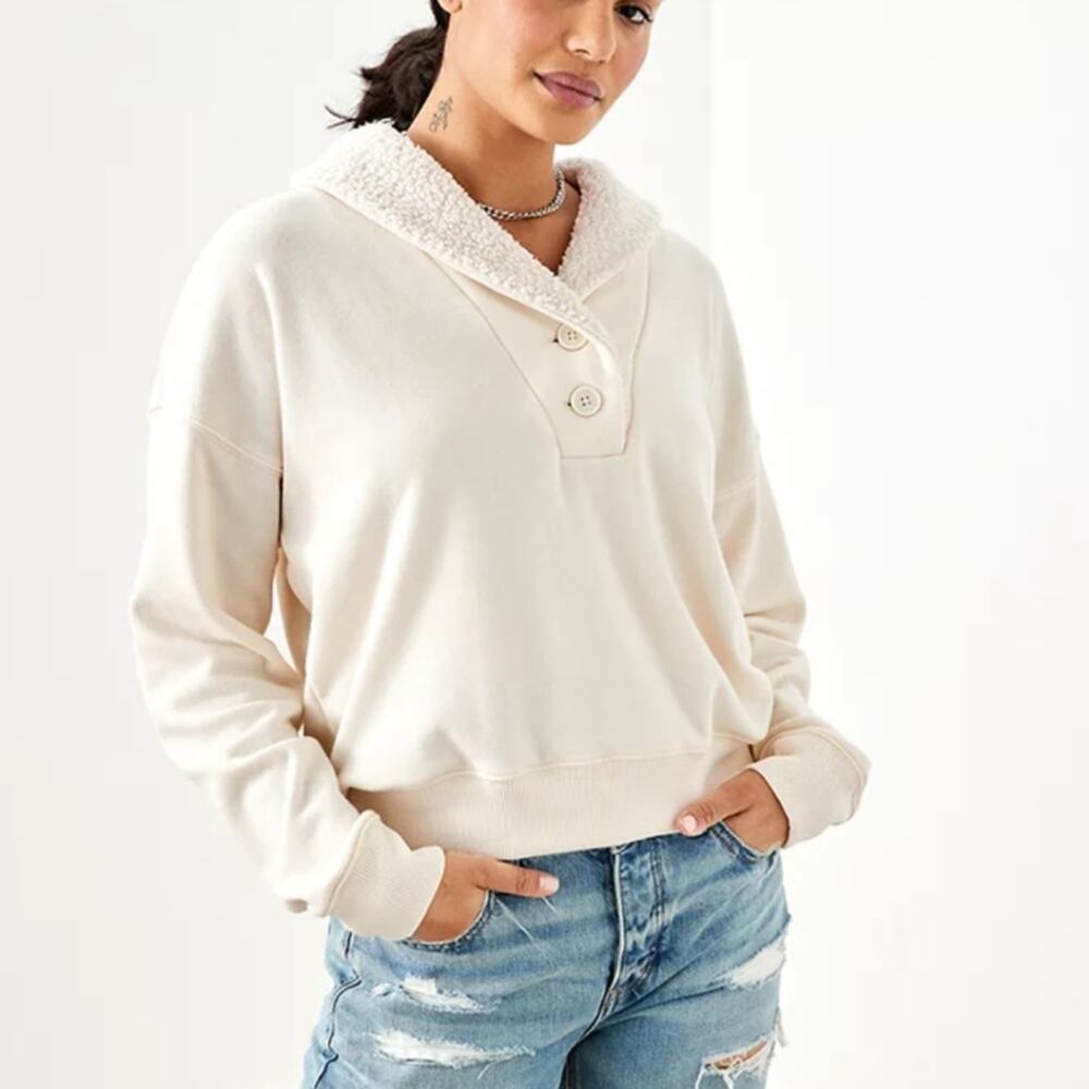 American Eagle Cream White Sherpa Collar Pullover Henley Fleece Sweatshirt